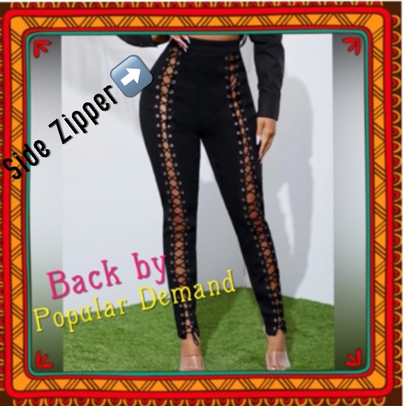 High Waisted Black & Sexy Cris Cross Stretchy Jeans with Side Zipper Snug fit 👍 - Picture 2 of 10